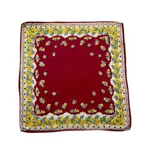 Vintage 1940s Cotton Handkerchief Burgundy Red Floral Yellow Border Stitched Hem